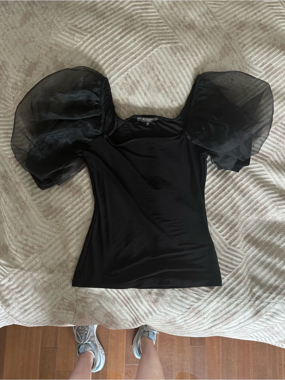 Guess Black Puff-Sleeve Square Neck Top